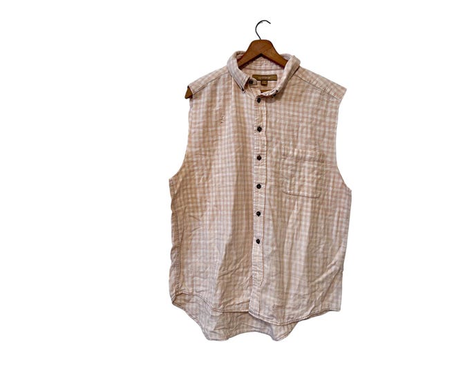 Bleached Cutoff Sleeveless Shirt Flannel Vest Top Button Down Pastel Peach Checkered Plaid Unisex Large