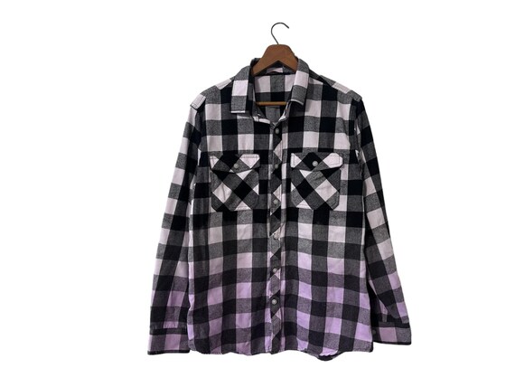 Light Purple Dip Dyed Flannel Shirt Black White Buffalo Plaid Ombre Dye Unisex Adult Small