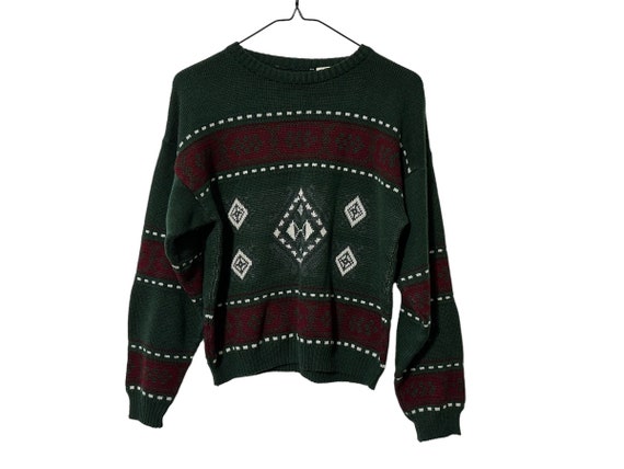 Geometric 90's Kid Sweater Acrylic Dark Green Burgundy Vintage Boys Size Large