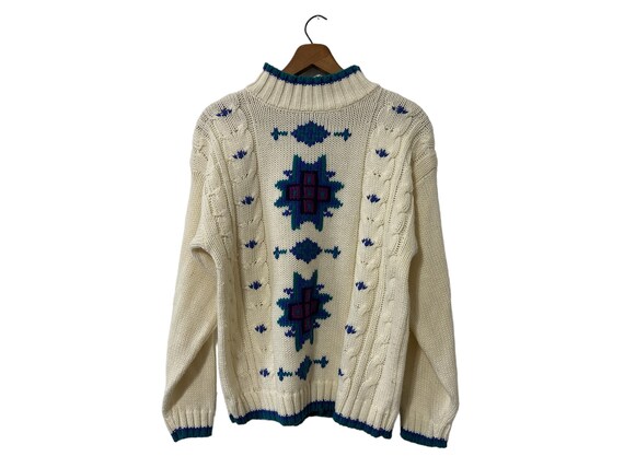 Vintage Snowflake Knit Women s Sweater White Blue Purple Teal Gina Peters Size Large Etsy