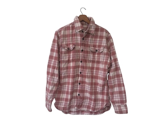 Pink & White Sun Bleached Flannel Shirt Long Sleeve Cotton Plaid Size Medium