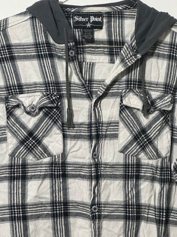 Hooded Flannel Shirt Black + White Plaid Flannel … - image 5