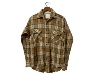 Vintage Beige Tan Plaid Flannel Shirt Button Down with Pockets Long Sleeve Acrylic Mens Small