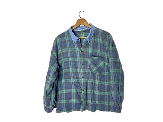 80's Vintage Faded Esleep P Jams Plaid Flannel Button Down Denim Collar Long Sleeve Pocket Teal Blue Blackwatch Plaid Size Large