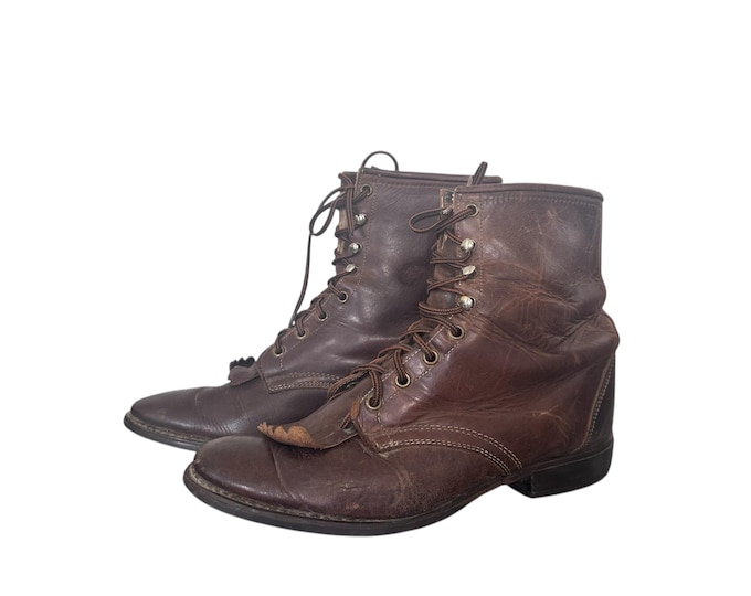 Vintage Leather Lace Up Ankle Boots Lacer Boot Dark Brown Womens Size 10 M US