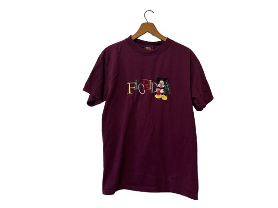 Vintage Mickey Mouse Disney Embroidered Florida T Shirt Burgundy Short Sleeve Unisex Medium