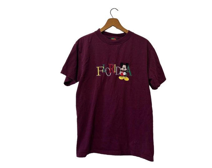 Vintage Mickey Mouse Disney Embroidered Florida T Shirt Burgundy Short Sleeve Unisex Medium
