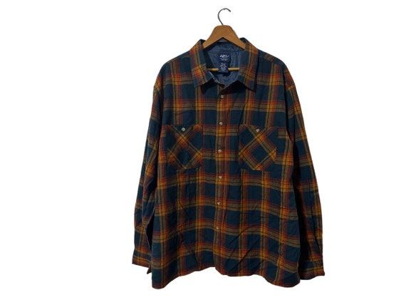 Vintage John Blair Sunset Plaid Flannel Dark Teal Blue Orange Button Down Long Sleeve Acrylic 80s 90s Shirt Size XL