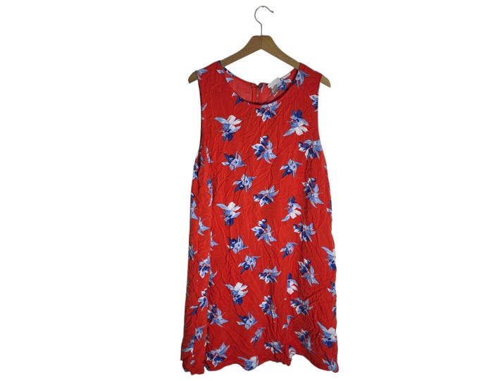 Plus Sized Floral Hawaiian Dress Red with Blue Flowers Print Light and Flowy Shift Dress Size 4X