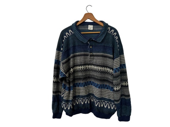 Vintage Southwestern Fleece Striped Pullover Knit Sweater V-Neck Button Front Blue Gray Beige Black by Structure Men's XL