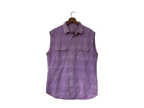 Light Purple Sleeveless Flannel Shirt Short Sleeve Button Up Shirt Lilac Vest Size Small