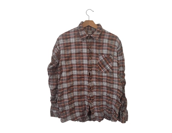 Rusty Brown Ruched Flannel Shirt Cotton Blend Fall Colors Autumn Plaid Flannel Size Small Medium