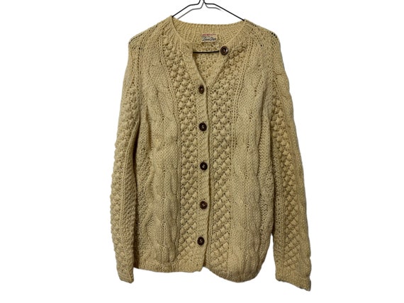 1960's Italian Hand Knit Vintage Cream Cable Knit Cardigan Sweater for Women Lerner Shops