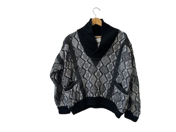 Vintage Leather Trimmed Pullover Cowl Neck Sweater Long Sleeve Black and White with Pockets Men's Large