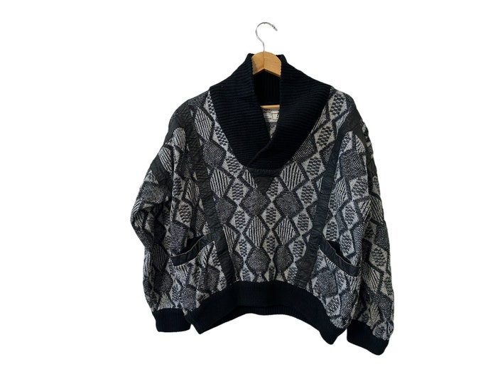 Vintage Leather Trimmed Pullover Cowl Neck Sweater Long Sleeve Black and White with Pockets Men's Large