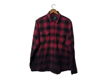 Dark Dipped Buffalo Checked Plaid Cotton Flannel Shirt Red Black Button Down Long Sleeve Blue Crown Size Medium