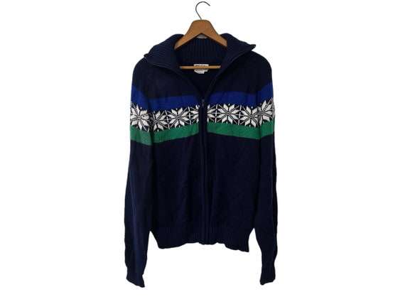 Vintage 80s 90s Snowflake Zip Up Collared Sweater Blue Green Navy White Alene's The Men's Store Size Large