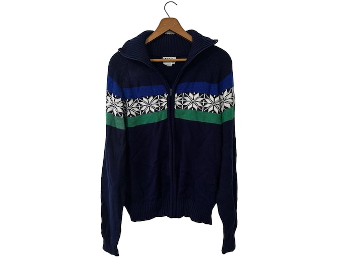 Vintage 80s 90s Snowflake Zip Up Collared Sweater Blue Green Navy White Alene's The Men's Store Size Large