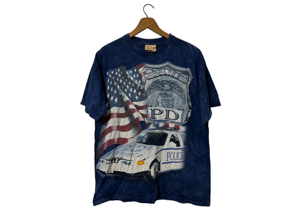 Blue Marbled Police Car American Flag Serve and Protect Graphic T-Shirt Shortsleeve The Mountain Adult Large