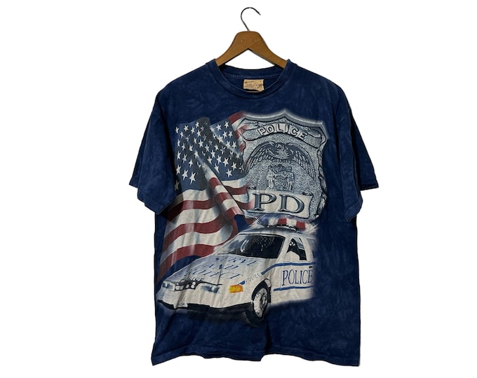 Blue Marbled Police Car American Flag Serve and Protect Graphic T-Shirt Shortsleeve The Mountain Adult Large
