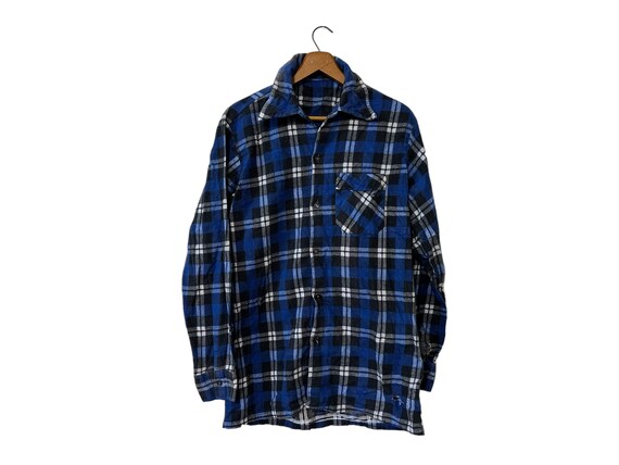 80's Vintage Distressed Grunge Cotton Flannel Shirt Blue White Black Button Down Long Sleeve Pockets Adult Size Small