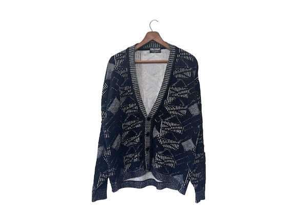 90s Vintage Cardigan Sweater Black & White Geometric Button Down Sweater Mens Medium