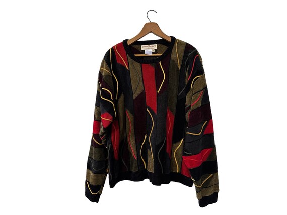 80's Vintage Norm Thompson Colorful Coogi Style Abstract Knit Pullover Sweater Long Sleeve Black Brown Red Yellow Men's Large