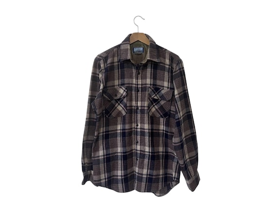 80s Fieldmaster Wool Blend Plaid Flannel Shirt Brown Navy Blue Mens Medium Tall