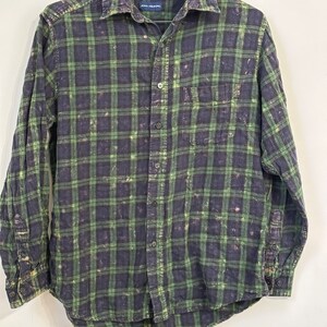 Acid Washed Green Plaid Flannel With Distressed Hems