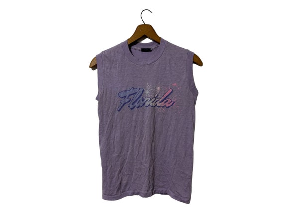 1980’s Vintage Florida Spring Break Beach SURF Vacation Sleeveless T-shirt Rad Beachwear Light Purple with Graphic Adult Medium