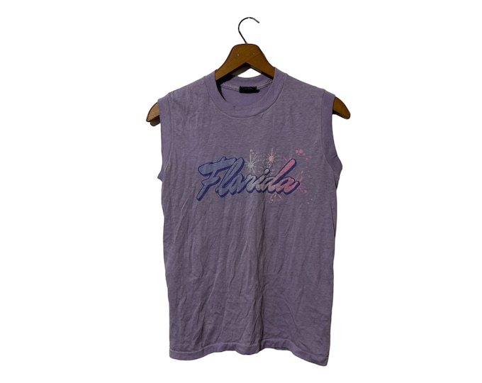 1980’s Vintage Florida Spring Break Beach SURF Vacation Sleeveless T-shirt Rad Beachwear Light Purple with Graphic Adult Medium