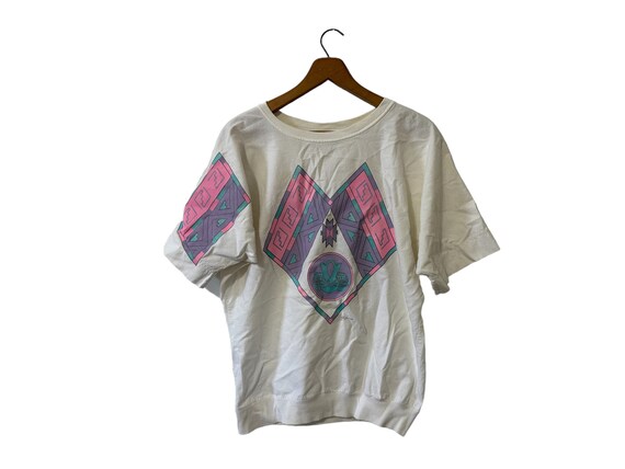 80's Oversized T-Shirt Southwestern Native American Vintage White Pink Purple Turquoise Glitter Pattern Made In USA Women's Medium