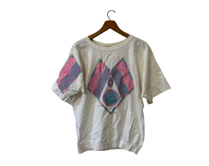 80's Oversized T-Shirt Southwestern Native American Vintage White Pink Purple Turquoise Glitter Pattern Made In USA Women's Medium