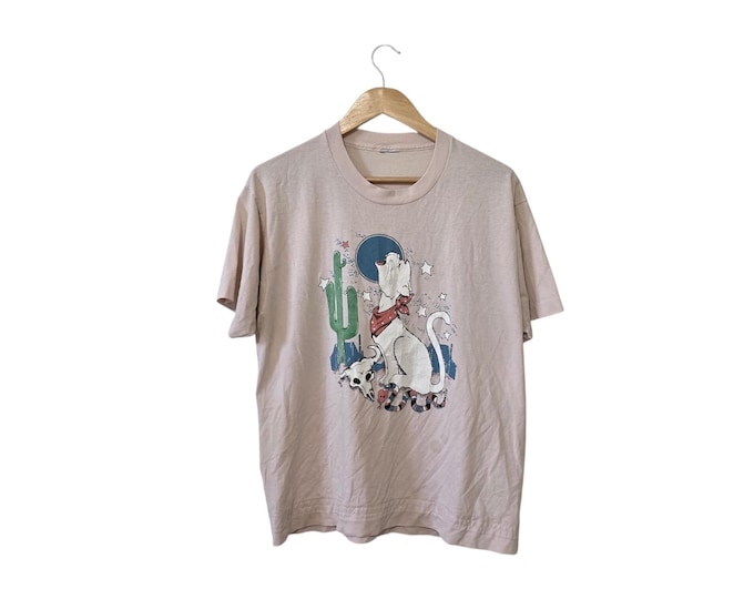 80s Southwestern Desert Howling Cat Graphic Light Pink T Shirt Cactus Moon Snake Cow Skull Scene 1989 Size Large Unisex