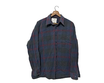 Worn & Faded Plaid Flannel Shirt Gray Blue Red Bleach Washed Vintage Button Down Flannel Shirt Size Large