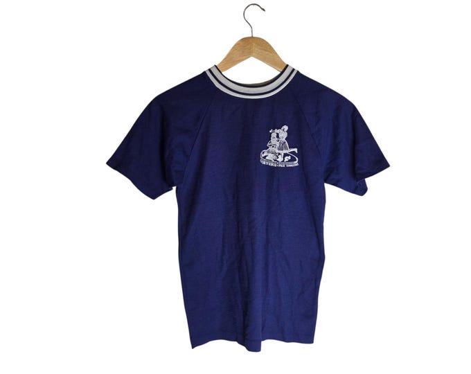 Vintage 70s 80s Cavorters Folk Dancers T Shirt, Royal Blue with White Ringer Graphic Tee, Retro Dance Club Shirt, Size Small Medium