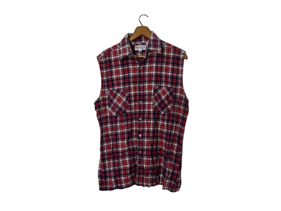 1980s Vintage Sleeveless Highlander Flannel Block Plaid Button Down Shirt with Pockets Red Blue and White Vest Men's Medium