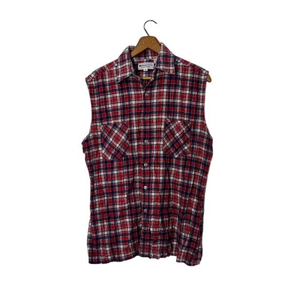 1980s Vintage Sleeveless Highlander Flannel Block Plaid Button Down Shirt with Pockets Red Blue and White Vest Men's Medium