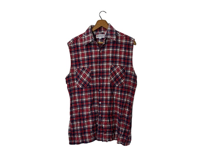 1980s Vintage Sleeveless Highlander Flannel Block Plaid Button Down Shirt with Pockets Red Blue and White Vest Men's Medium