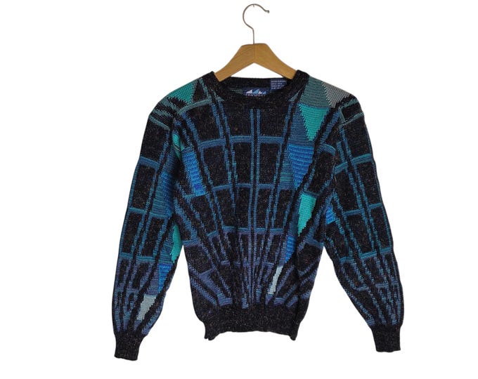 Youth Boys Vintage Cracked Ice Boys 90s Acrylic Pullover Sweater Blue Turqouise Black Gray White Abstract Geometric Design Size Medium