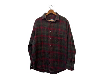 Distressed Cotton Flannel Shirt 90s Vintage Muted Red Green Worn Oversize Button Down Long Sleeve Pockets Size Large