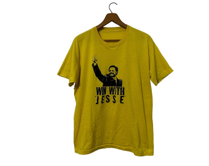 80's Vintage Win with Jessie Election Short Sleeve T-Shirt Yellow Jesse Jackson Graphic Tee Unisex Large