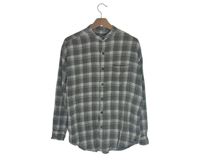 Vintage Mandarin Collar Gray Beige White Plaid Flannel Size Medium Nehru Neck Cotton Long Sleeve Shirt