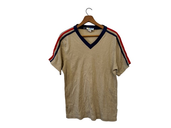 70's Eagle Graphic The Bentley Boys V-Neck Striped Vintage T-Shirt Beige Navy Red Short Sleeve Adult Size Medium Large