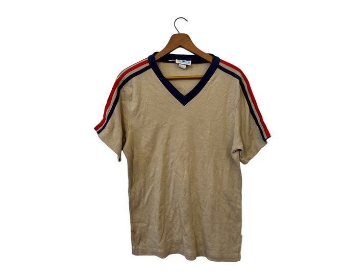 70's Eagle Graphic The Bentley Boys V-Neck Striped Vintage T-Shirt Beige Navy Red Short Sleeve Adult Size Medium Large