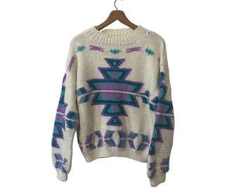 80's Aztec Print Vintage Knit Pullover Sweater White Purple Teal Karuba Women's Medium / Large