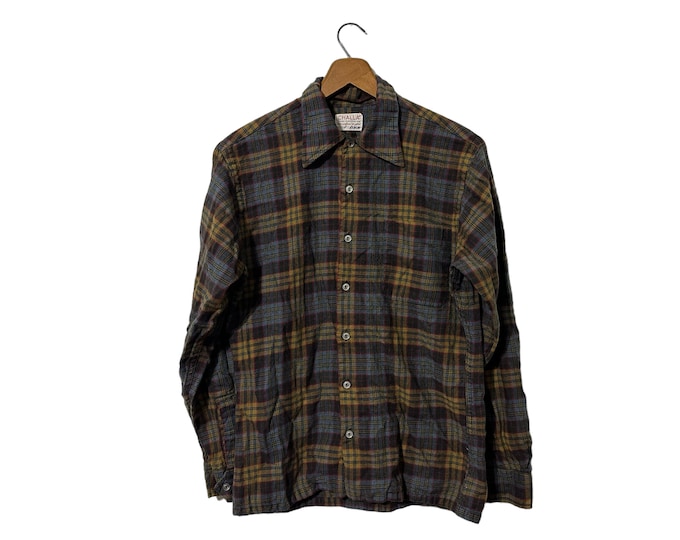 Vintage 50s 60s Challa Wool Blend Plaid Flannel Shirt Brown Blue Red Black Button Down Long Sleeve Pocket Woven in Switzerland Size Small