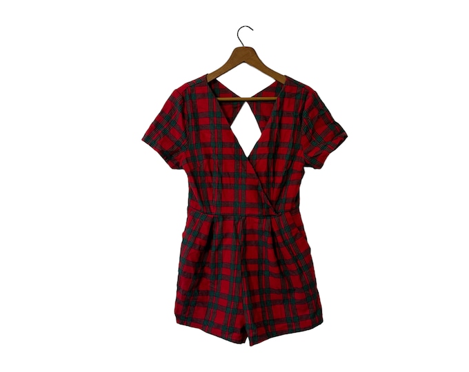 Diamond Back Red & Green Plaid Romper Pleated Front V-Neck Short Sleeved Shorts Women's Large