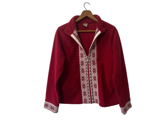 Vintage L.L. Bean Full Zip Red and White Snowflake Fleece Jacket Womens Size Medium
