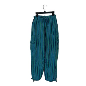 May include: Striped blue and green pants with a drawstring waist and cargo pockets.
